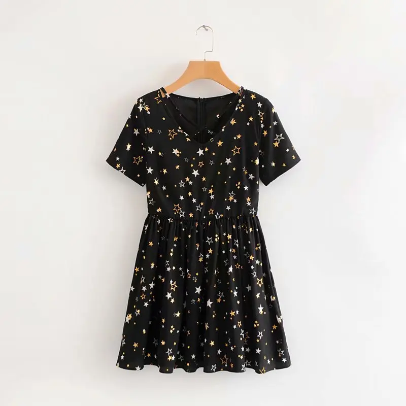 

Cross Border Europe And America Summer New Style Slim Fit Slimming High-waisted Pleated Short Sleeve V-neck Bronze Star Dress Sh