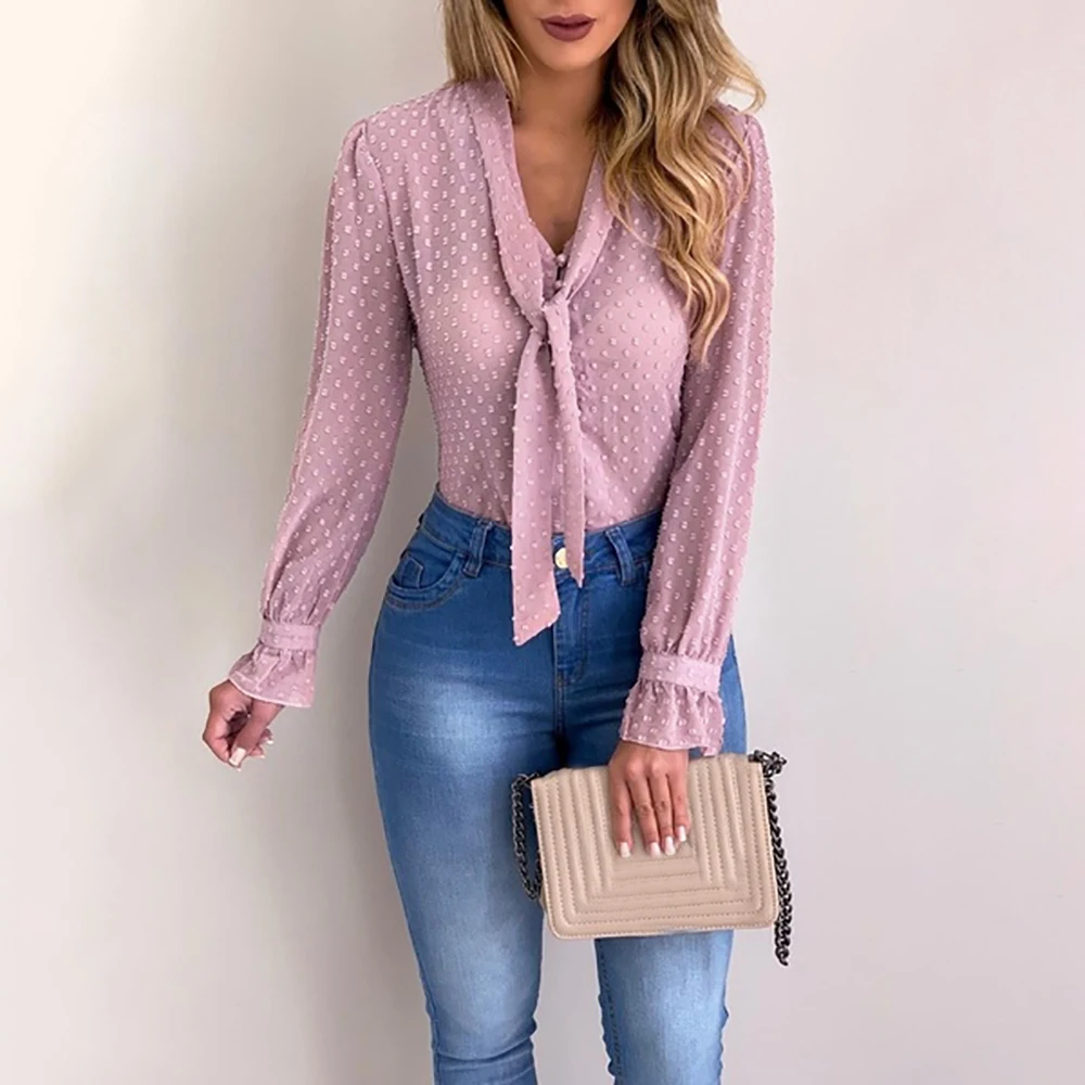 01 Pink Cysincos, шифоновые блузки для женщин, осень, модная розовая рубашка с длинным рукавом и v-образным вырезом, офисная блуза, облегающие повседневные топы для женщин размера плюс - Color: 01 Pink