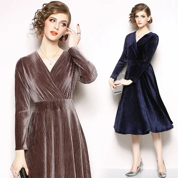 

Dress Elegant 2019 Autumn Dress Women Long Dresses Office Lady Fit and Flare Solid Full Sleeve Knee-Length Natural V-Neck Luxury