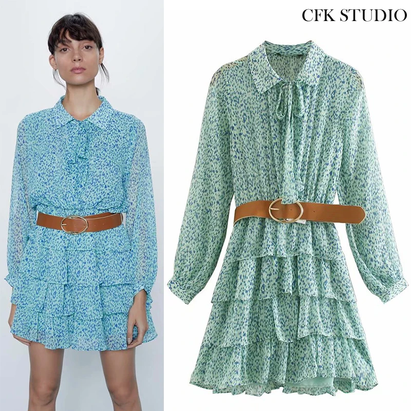 Женское шифоновое платье трапециевидной формы с цветочным принтом и длинным