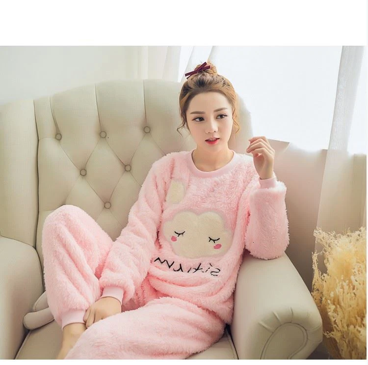 Pink Clouds Пижамы с рисунками животных для женщин, пижамы, зимние толстые теплые коралловые пижамы для женщин, осенняя Пижама Mujer Verano, пижамный комплект - Цвет: Pink Clouds
