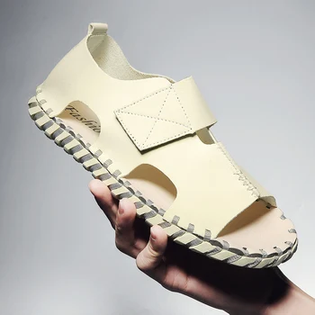 

2020 Summer Brand Fashion Sandals Men Beige Gray Handmade Sandal Comfortable Beach Shoes For Man Outdoor Pu Leather Sandals Man