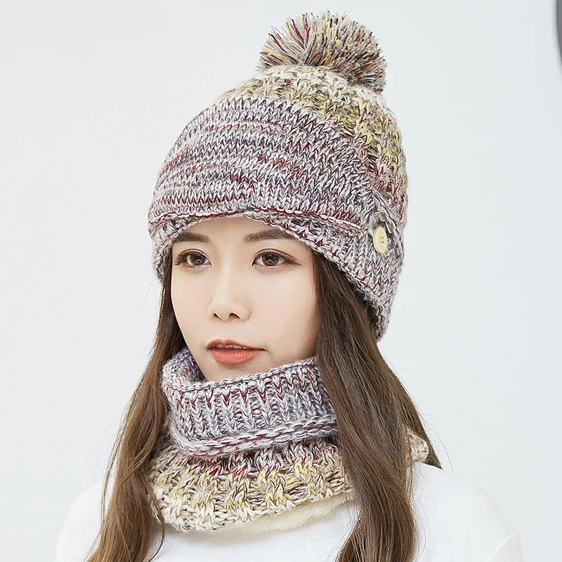 beige hat set Дропшиппинг зимний теплый шейный воротник шапка набор женские шапки шарфы уличные плюшевые вязаные женские шарф шапка перчатки Комплект из трех предметов - Цвет: beige hat set