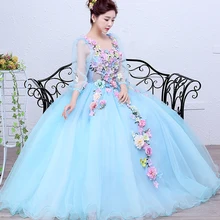 Бальное платье большого размера небесно-голубое Праздничное Платье Иллюзия с длинными рукавами 3D Цветы для пышных 15 лет милое платье
