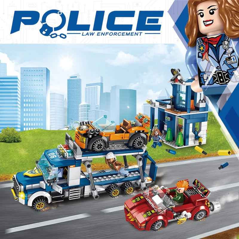 

Party Orange Building Blocks Police Car Series of Tracking Thieves Children'S Educational DIY to Build Scene Joint Building Bloc