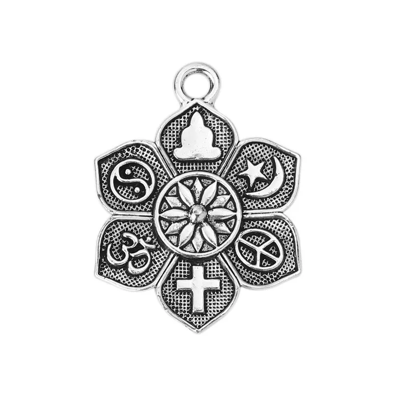 DoreenBeads цинковый сплав Подвески Цветок лотоса античное серебро OM/Aum символ винтажные изделия ручной работы Ювелирные изделия Подарки 37 мм x 28 мм, 2 шт