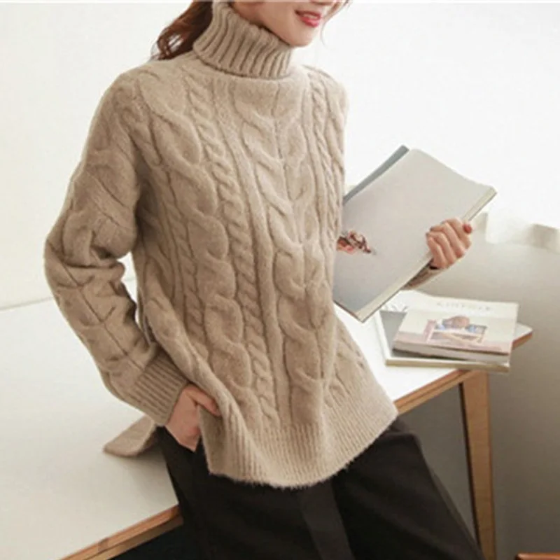 

Autumn Sweater Gao Collar Pullover Long Sleeve Thicken Split Twist Knitting Shirt Backing Shirt Female 8709#