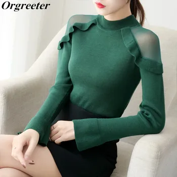 

Autumn and winter New Korean Ruffled Mesh Strapless shoulder long-sleeved Sweater Women's half Turtleneck Slim bottoming Tops