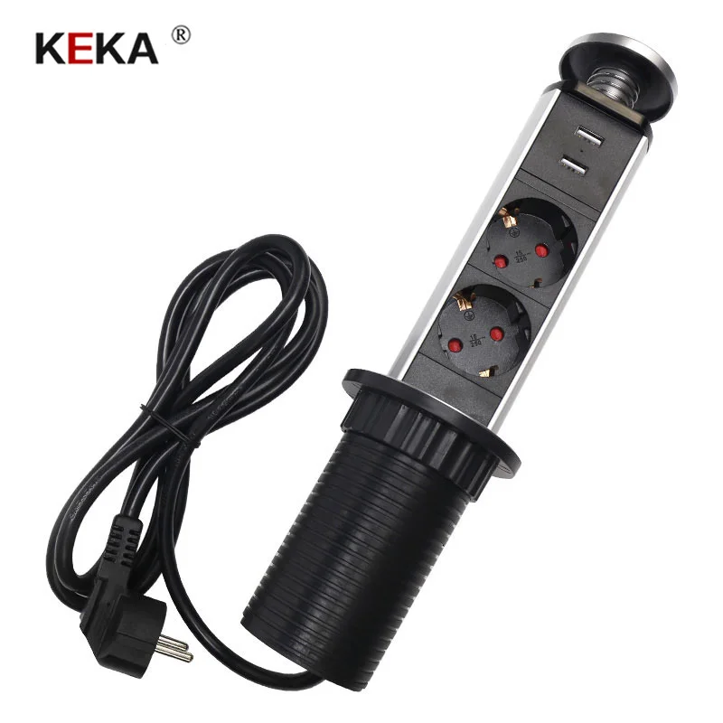 

KEKA EU Plug socket 2 power sockets Kitchen Table Electrical Socket Power 1 Led+2 charge USB Aluminum Shelf Worktop EU Plug