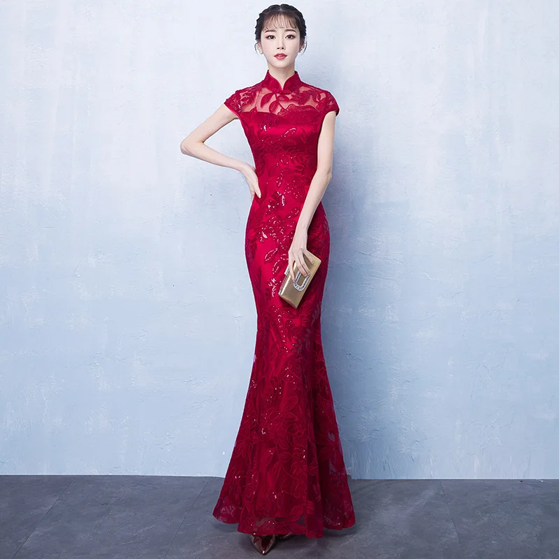 Тост невесты Cheongsam красный длинный простой и благородный темпераментный Тонкий
