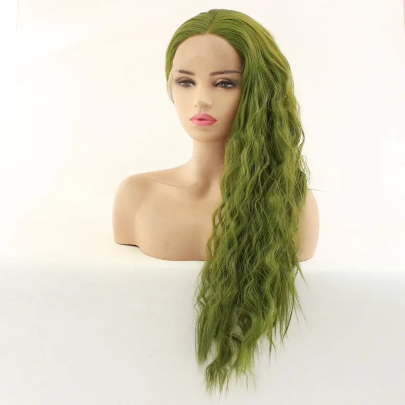 Зеленый, завязанный вручную, натуральный, кудрявый, синтетический, передний, кружевной парик, жаропрочные, волоконные волосы, натуральная линия волос, средняя часть для женщин, девушек