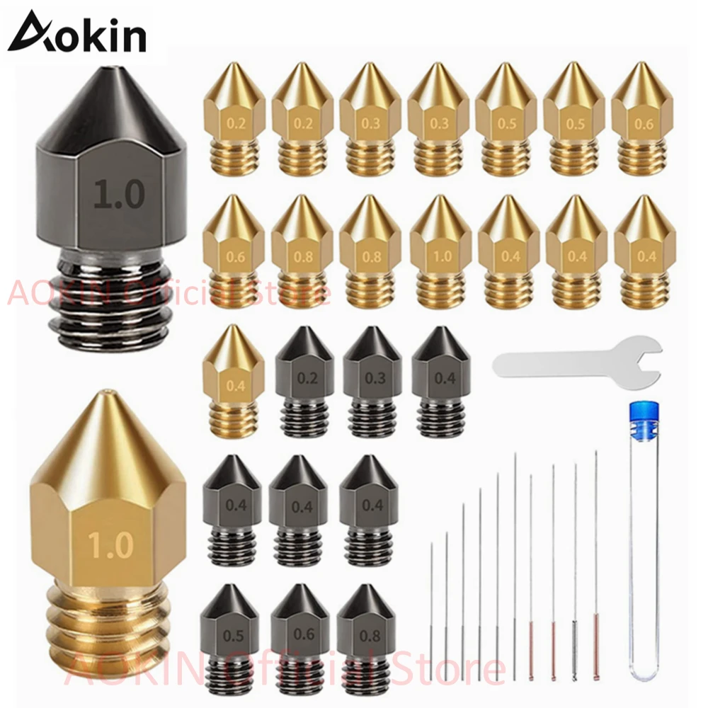 Aokin 3D Printer Nozzle 30PCS Hardened Steel and Brass MK8 Extruder Nozzles 0.2 0.3 0.4 0.5  0.6 0.8 1.0mm with 10pcs Needlesand