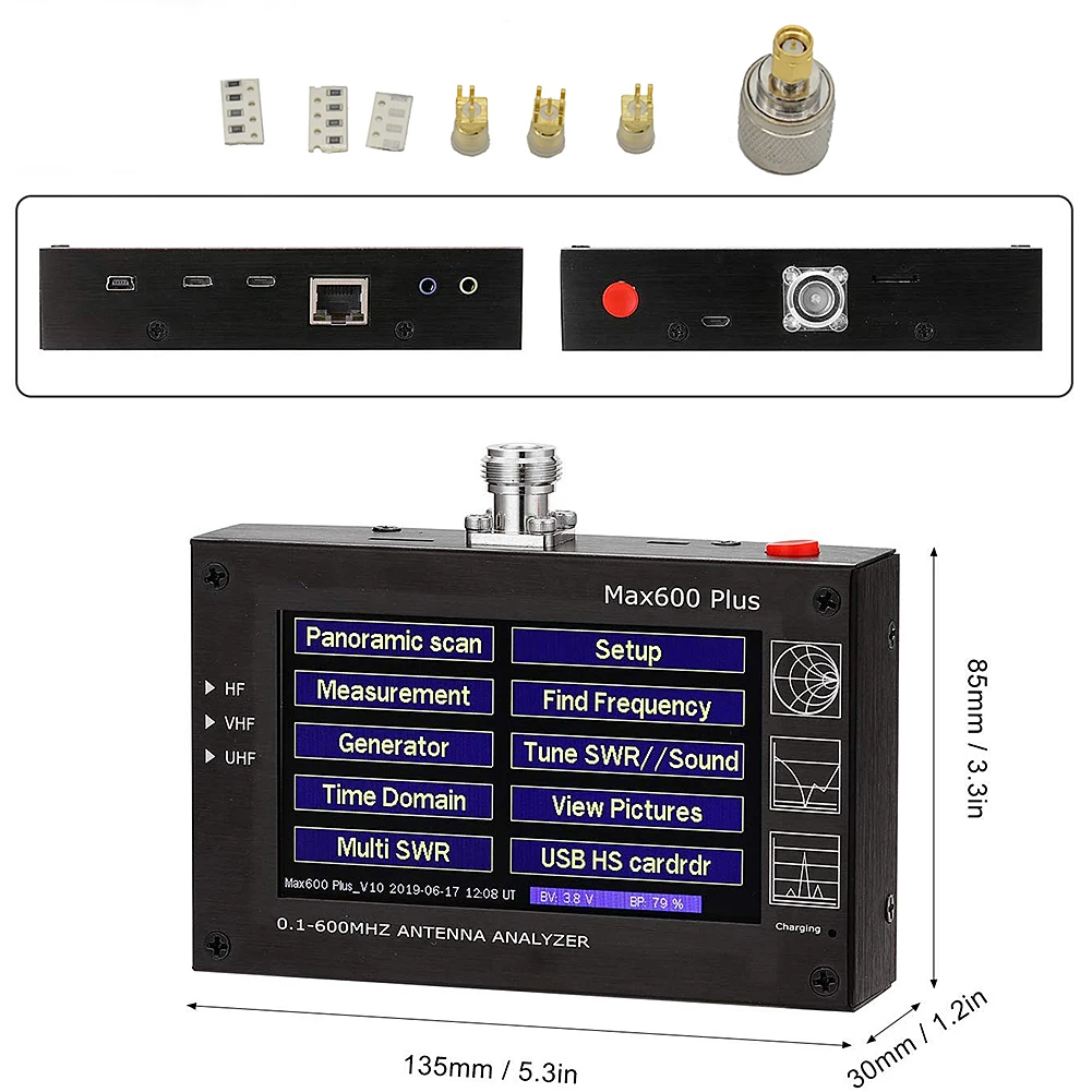 

Max600 Plus HF / VHF / UHF Antenna Analyzer 0.1-600 mhz com / 4.3 "tft lcd vs Mini 600 Capacitive Touch Screen