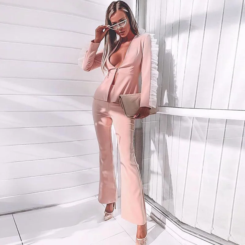 INDRESSME Новая мода Офисные женские туфли из двух частей, с глубоким v-образным вырезом и оборками из сетчатой ткани с длинным рукавом блейзер с поясом загрузки Милые штаны, комплекты одежды на возраст