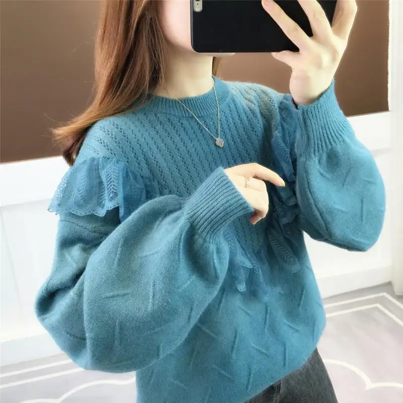 

Sweater women's pullover 2020 Spring and Autumn New Korean style loose lace knitted base shirt student top