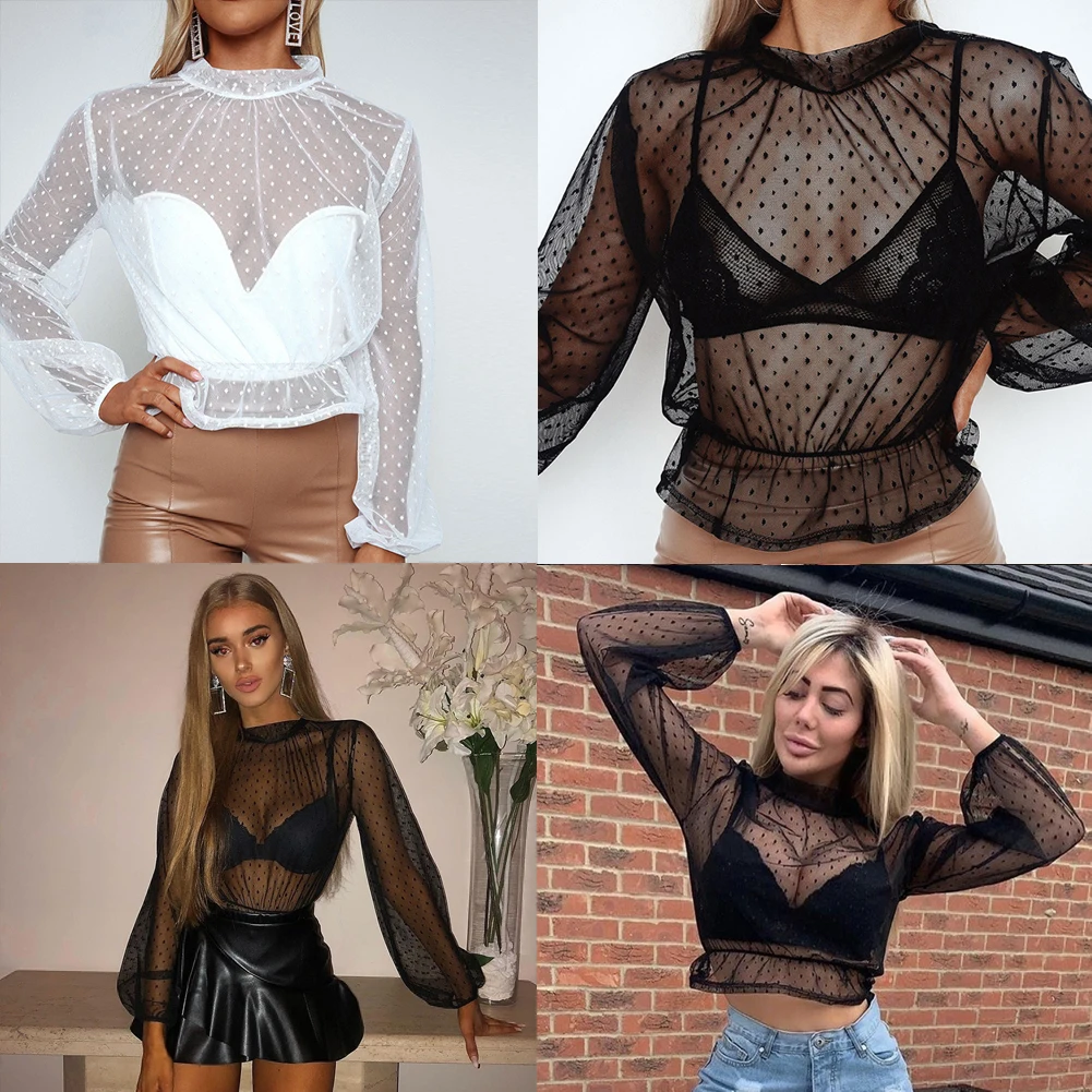Сетчатые Bluse Sommer кроп Топы женские топы рубашки в горошек Клубные вечерние блузки, рубашки, топы Плюс Размер