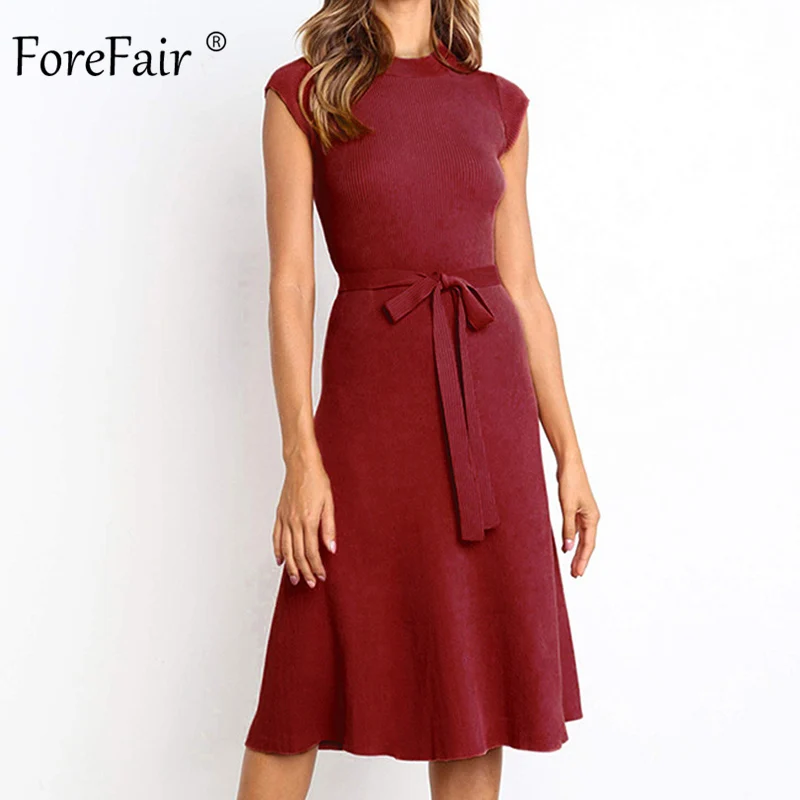 Forefair/повседневное женское платье миди с поясом и завязками на талии, осень, Элегантное трикотажное платье с коротким рукавом и высокой талией - Цвет: Burgundy Dress
