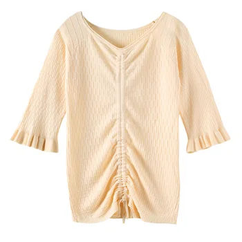 

Women Knitted Coat Autumn Winter Casual Ruffle Half Sleeve Crochet Knit Sweater Grid Drawstring Coat Pullover Cotton Top Female