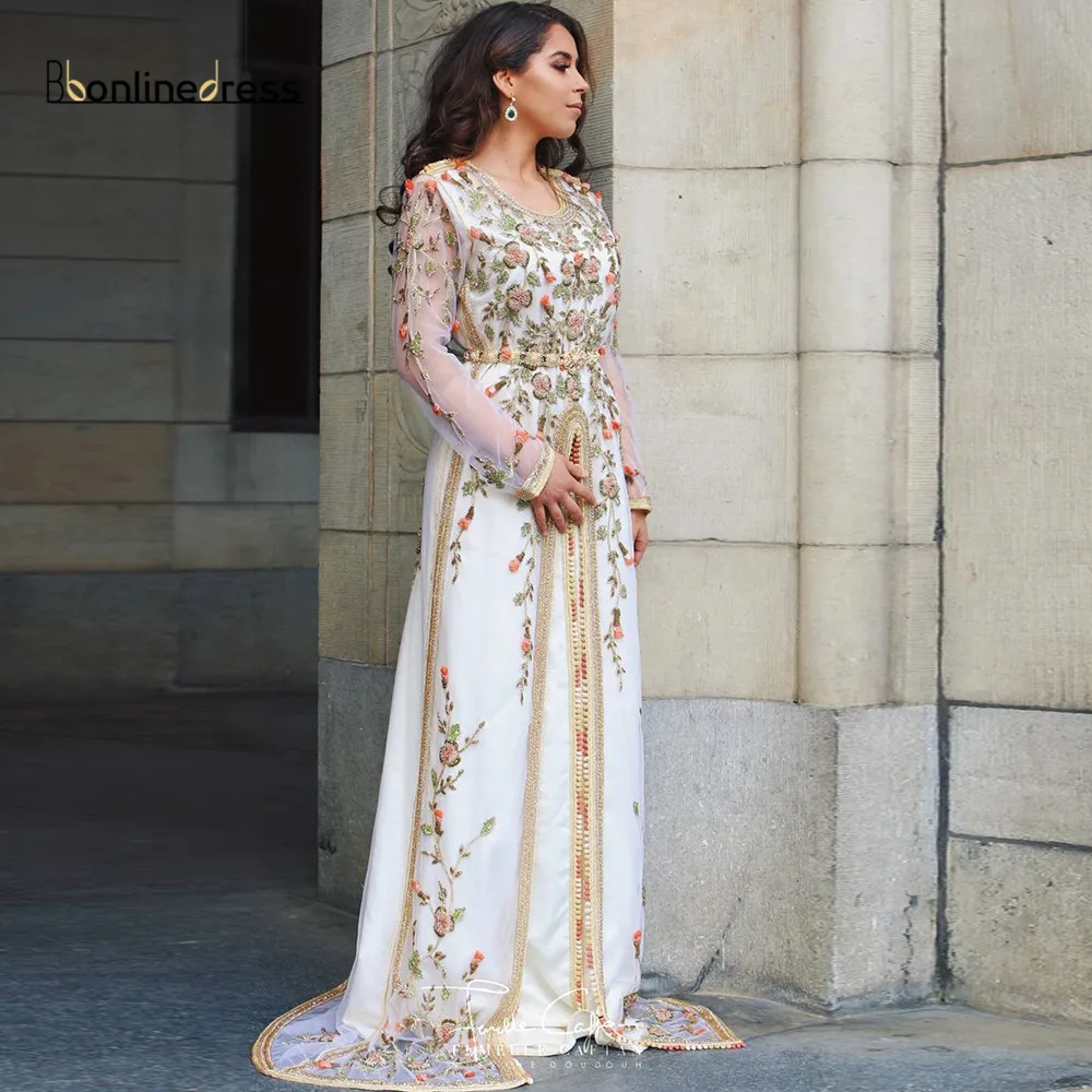 

Bbonlinedress Moroccan Caftan Evening Dress 2020 Hand Beading O Neck Sleeves Muslim Arabic Formal Party Dresses vestido de festa