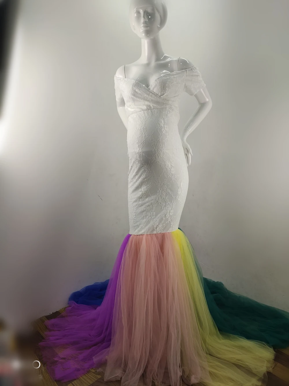 Lace Maternity Photography Props Dresses Rainbow Mesh Pregnancy Dress Long Pregnant Women Maxi Maternity Gown For Photo Shoots (5)