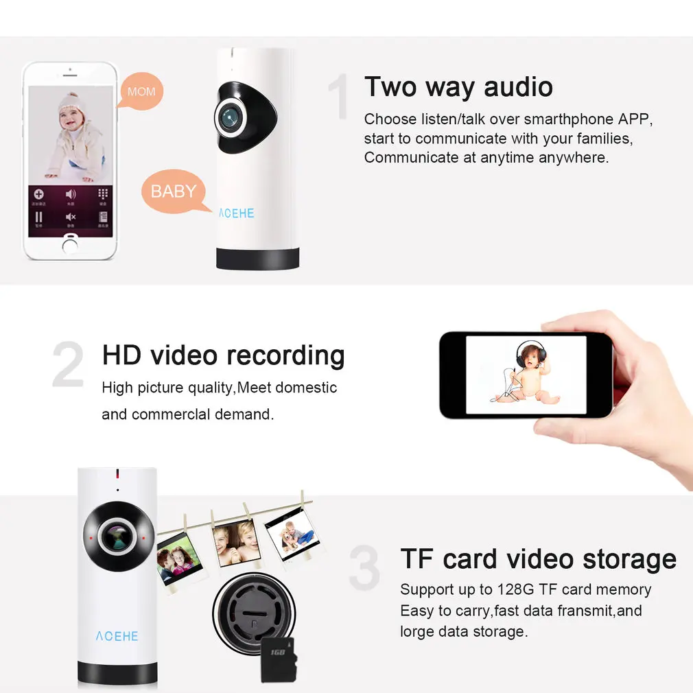  Acehe Macchina Fotografica Panoramica Mini Baby Monitor Senza Fili 720P Hd di Sorveglianza Ip/Netwo