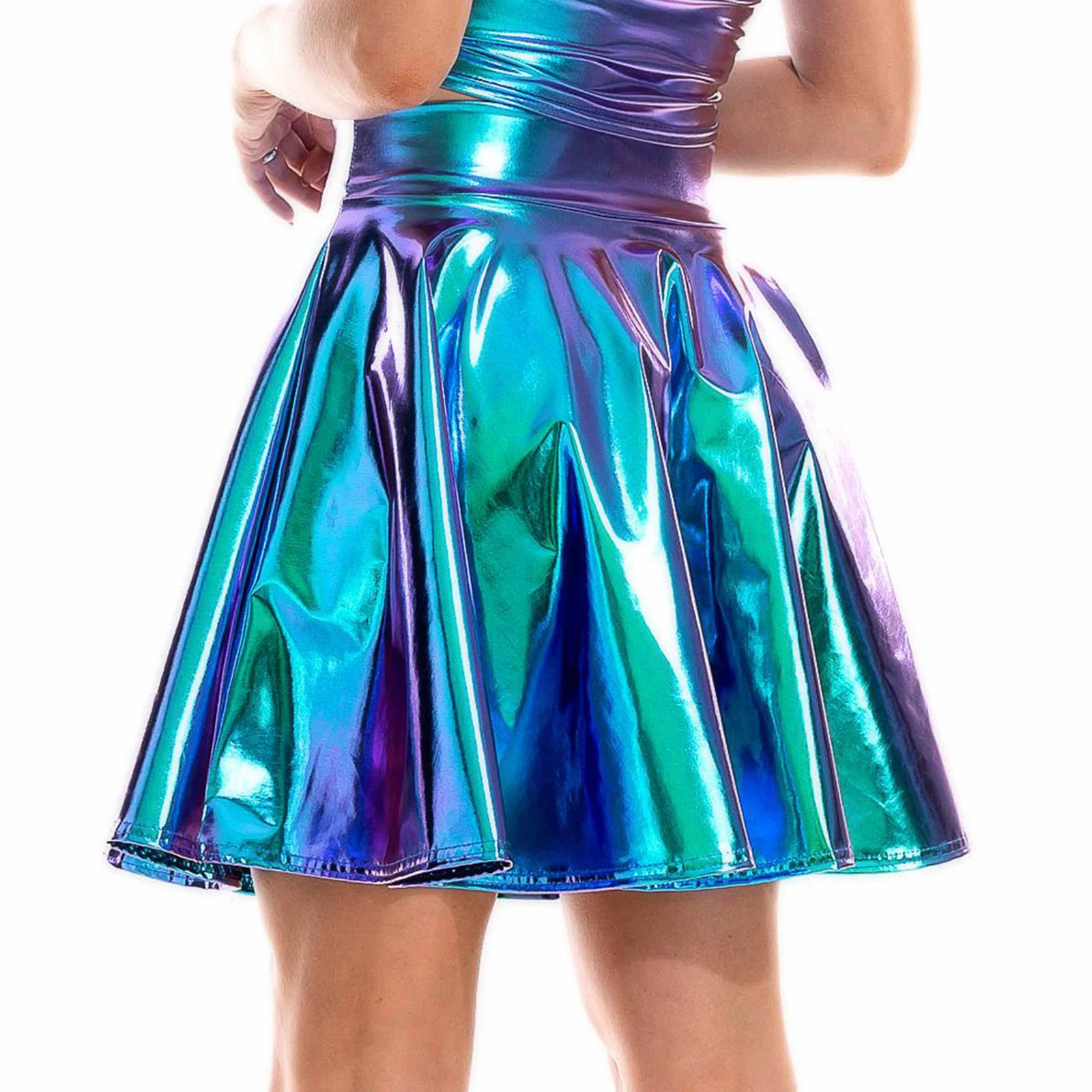 Womens Glossy High Waist Flare Skirt Club Stage Costume Party Dancewear Shiny Metallic Wetlook Clubwear Ruffle Bottom Hem Skirts 1