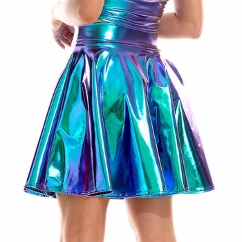 Womens Glossy High Waist Flare Skirt Club Stage Costume Party Dancewear Shiny Metallic Wetlook Clubwear Ruffle Bottom Hem Skirts 1