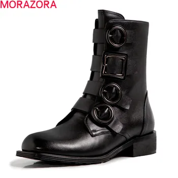 

MORAZORA New arrival fashion ankle boots genuine leather boots low heel square toe black colors buckle women boots ladies shoes