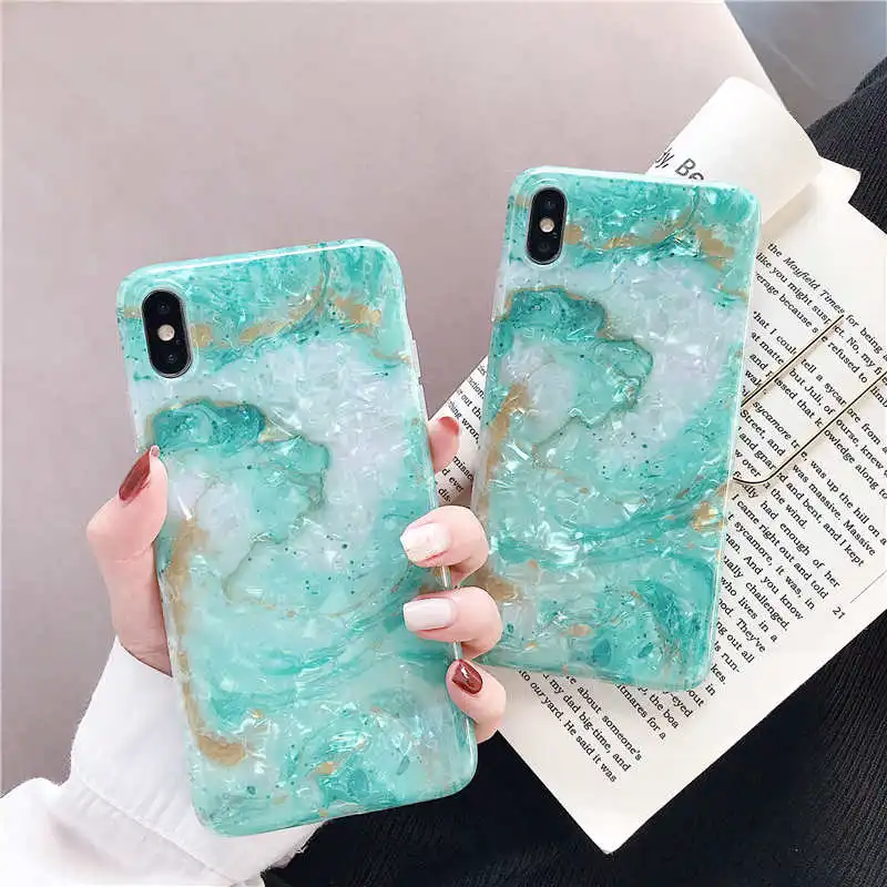 Глянцевый мраморный чехол для iphone 11 Pro Max блестящий Ракушечный силиконовый мягкий