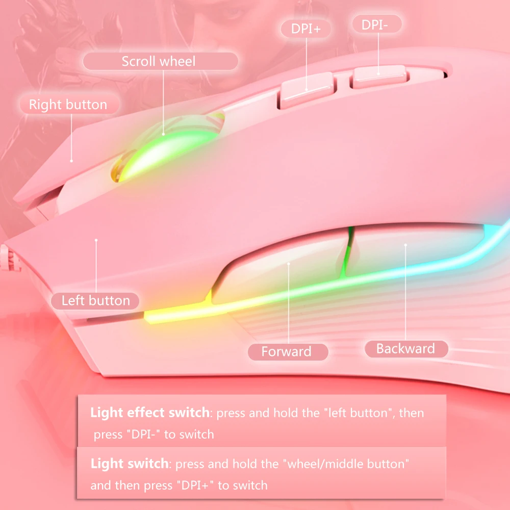 Rgb Backlight Gaming Mouse Velocidades Ajustáveis 6400 Dpi Usb Wired Girl Game Ratos Dedicados para Computador Portátil Gamer - Imagem 2