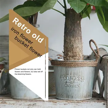 

CSS Country retro old metal flower bucket flower creative home desktop decoration metal handicraft iron bucket hemp rope small f