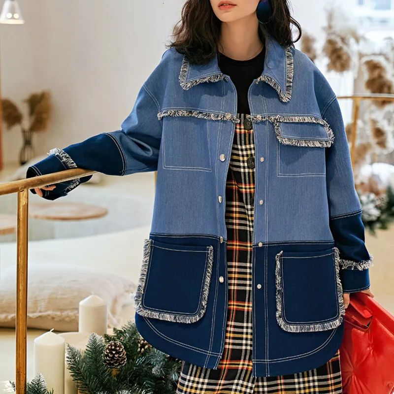 LANMREM контрастный цвет сшитая джинсовая куртка с длинными рукавами повседневная