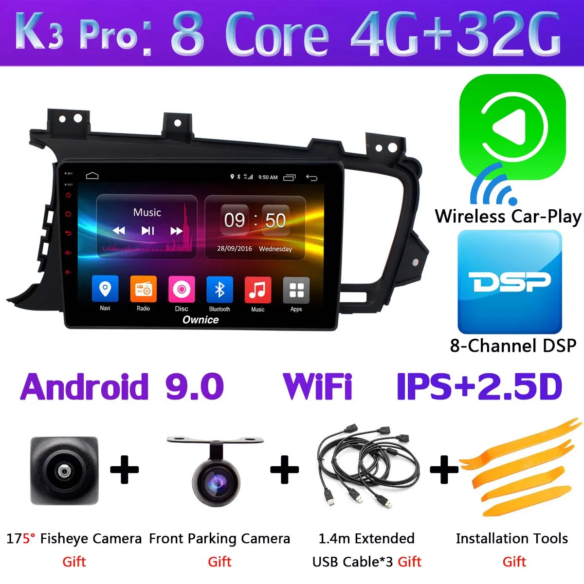 Панорамная камера 360 ° 4G LTE Android 9,0 4G+ 64G DSP CarPlay Автомобильный gps радио плеер для Kia K5 Optima 3 2011 2012 2013 - Цвет: K3 Pro CarPlay