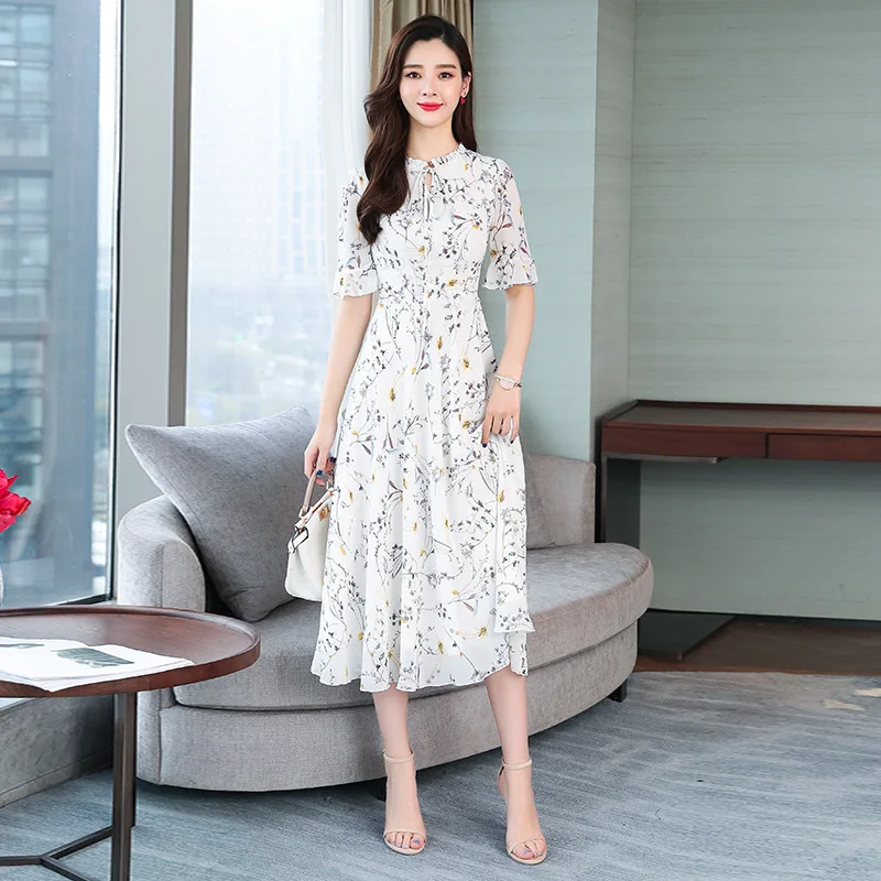 

Spring And Summer Dress Women's 2019 New Style Floral-Print Chiffon Maxi Dress Flounced Sleeves over-the-Knee Explicit Thin Long