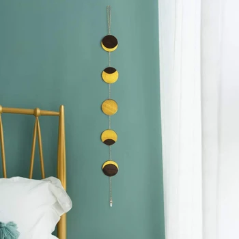 

Wooden Moon Phase Wall Hanging Round Bead Garland With Golden Metal Chain Boho Home Decor For Living Room Nursery