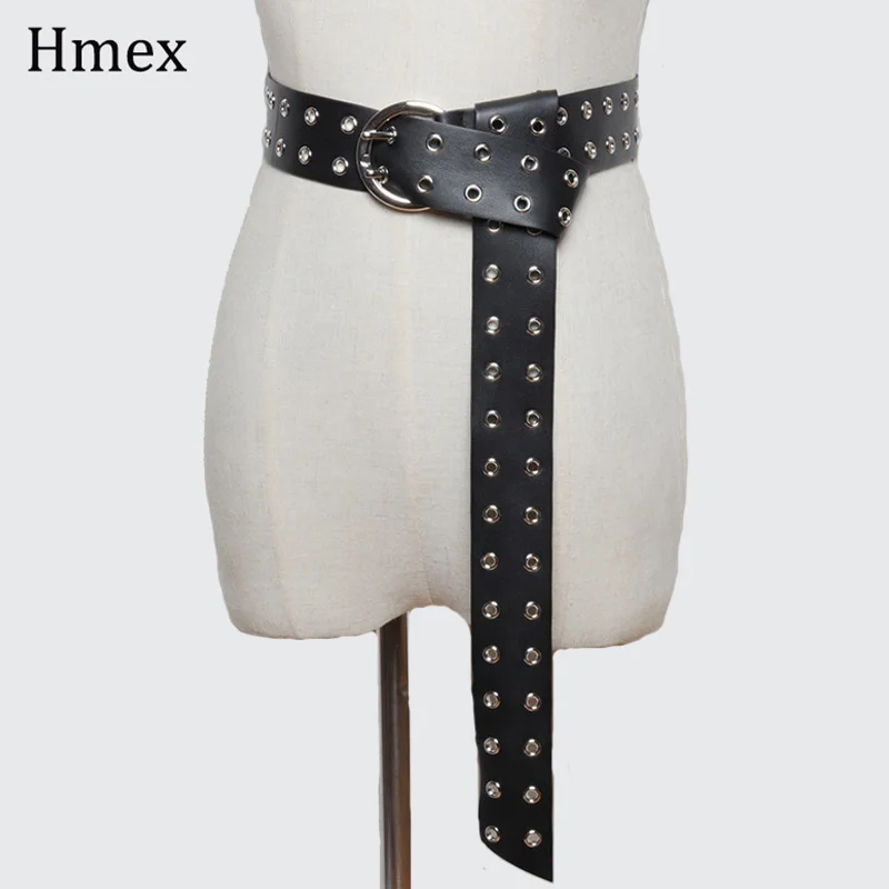 

Punk Wide Belt women Personality Double Pin buckle Round Hollow Waist Belt Adjustable PU Leather Extra Long Waistband Dress