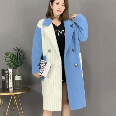 blue Зимнее женское пальто высокого качества из искусственной норки, кашемировая двубортная норковая кашемировая куртка, длинное пальто, женская толстая теплая верхняя одежда - Цвет: blue