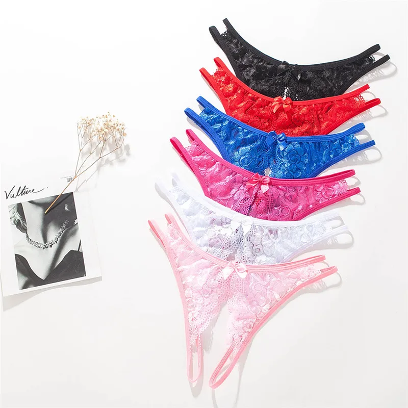 Large Size Lace Transparent Panties Sexy Lingerie Open Crotch Sex Thongs Women's Underwear M-XL