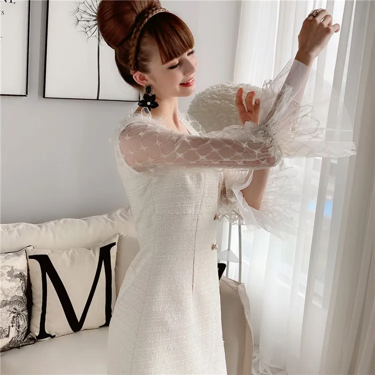 Dabuwawa Vintage Mesh Lantern Sleeve A-Line Dress Women Square Neck Button Front Elegant Solid Party Dress Ladies DT1CDR018