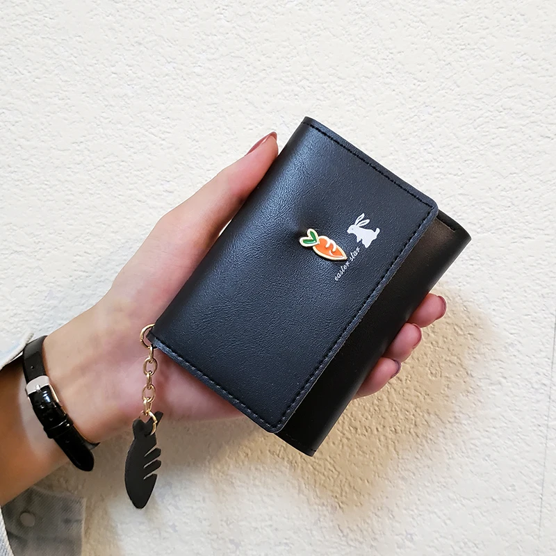 Black Милые кошельки, маленький женский кошелек из искусственной кожи, Женский кошелек с рисунком кролика, розовые женские Короткие Кошельки для монет, держатель для карт, кошелек, новинка - Цвет: Black