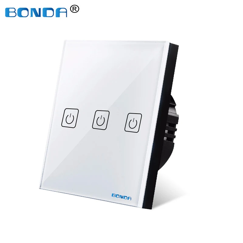 touch white three BONDA сенсорный выключатель, стандарт ЕС/Великобритания, белый кристалл, стеклянная панель, сенсорный выключатель, AC220V, 1 комплект, 1 способ, настенный светильник, настенный сенсорный экран - Цвет: touch white three