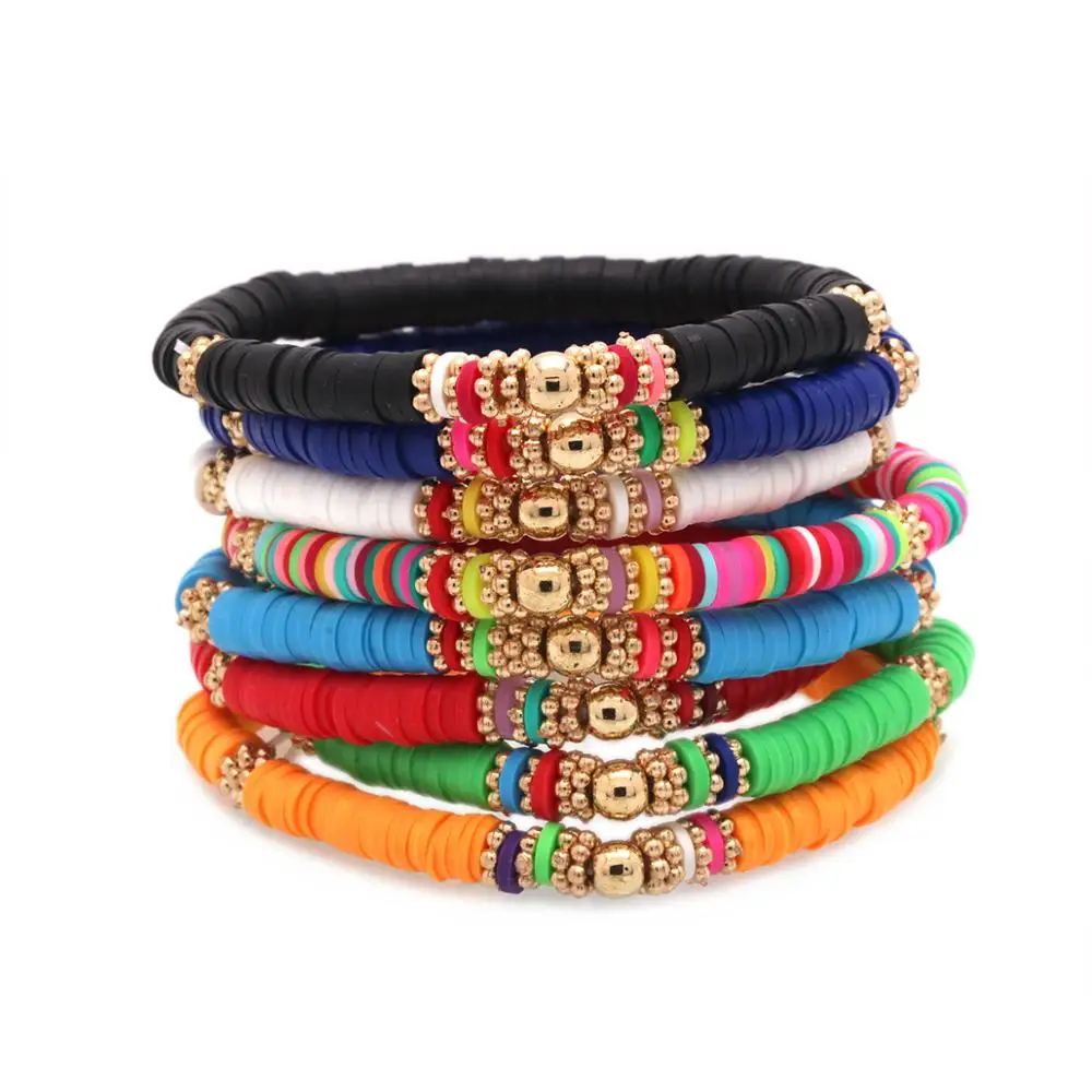 Эластичный браслет 5 мм с шариками и дисками из полимерной глины цинкового сплава