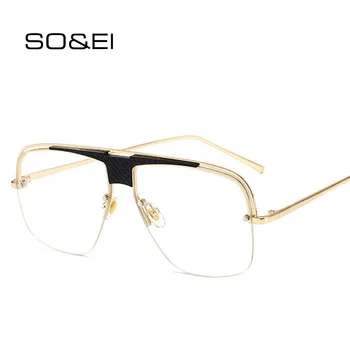

SO&EI Vintage Oversized Square Semi-Rimless Sunglasses Men Brand Designer Hollow Out Metal Frame Eyewear Women Trend Sun Glasses