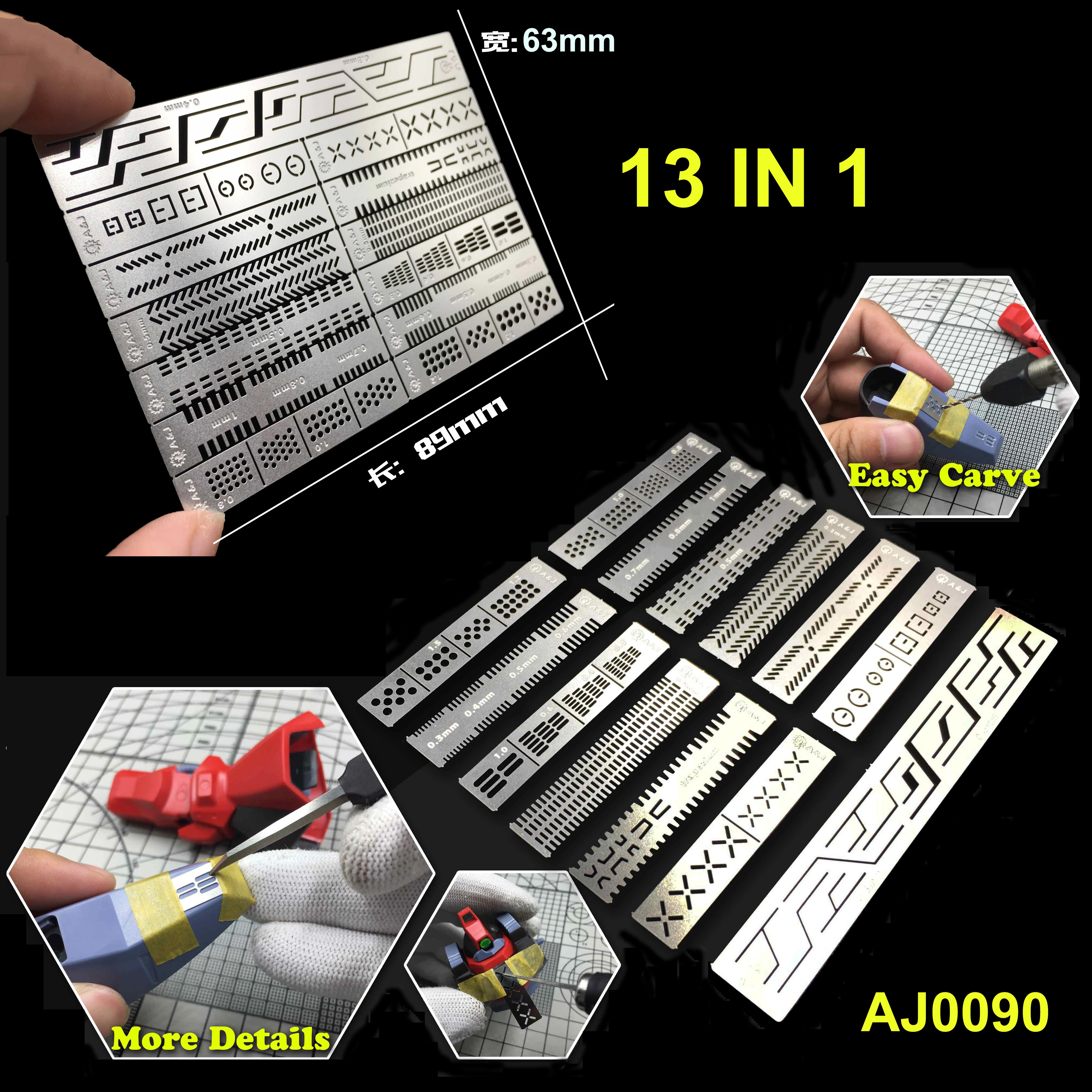 13 IN 1 Stainless Steel Full Detail Transformation Engraved Auxiliary Split Ruler 89X63mm AJ0090