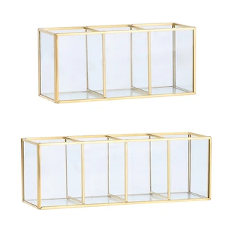 

2x Nordic Gold Grid Glass Flip Storage Tank Box Luxury Modern Cosmetics Storage Box Container Micro-Landscape Flower Room B & C