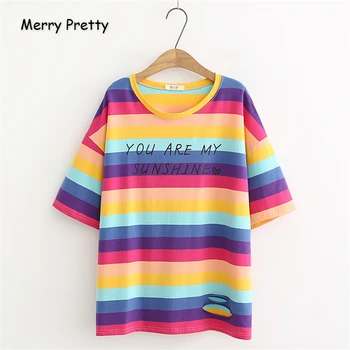 

Merry Pretty Striped Women's Letter Print Cotton T Shirts 2019 Short Sleeve O-Neck Hole T Shirt Femme Sweet Style T Shirt