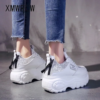 

XMWRLW Women Patent Leather Shoe Fashion Sequins Flat Platform Shoes Women Sneakers 2020 Spring Autumn Thick Sole Chunky Sneaker