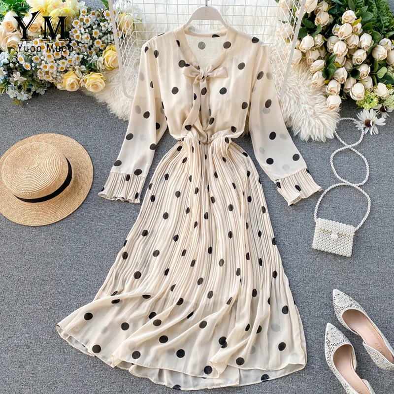 YuooMuoo Новое весеннее платье с длинным рукавом офисное в горошек женское