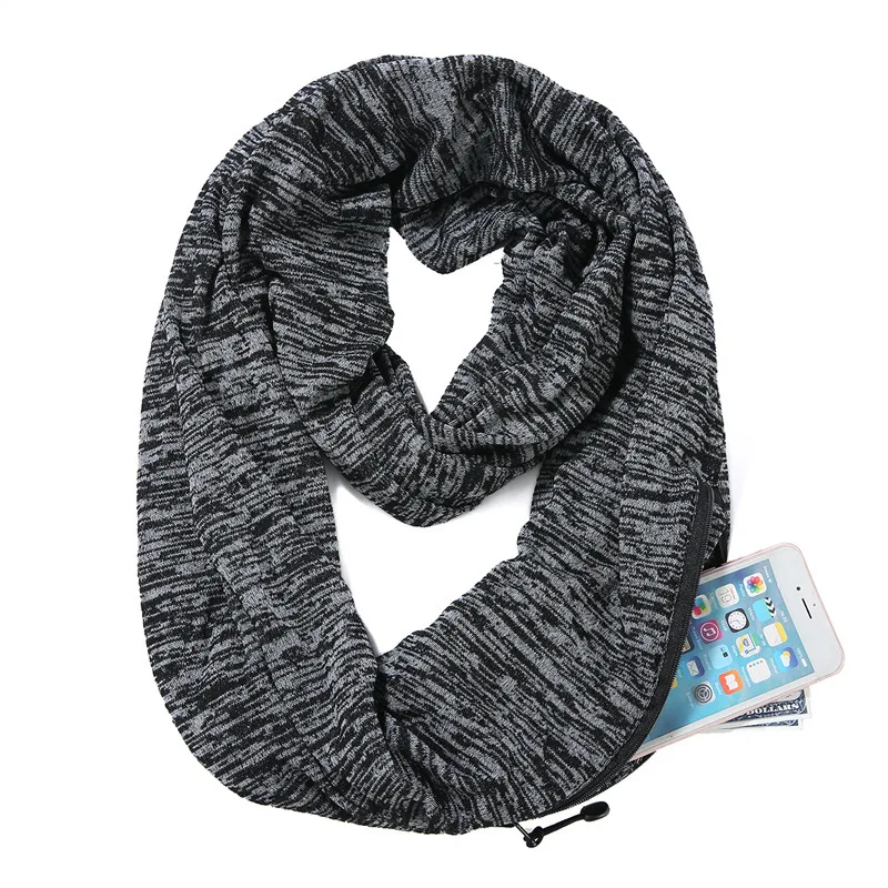 Цветной хлопок утолщение держать теплый Карманный шарф Женщины хранения молнии Карманный шарф