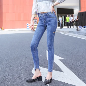 

2020 Tight Skinny Wild High Waist Hole Nine Pants Elastic Jeans Feet Pants Female Fashion Trend